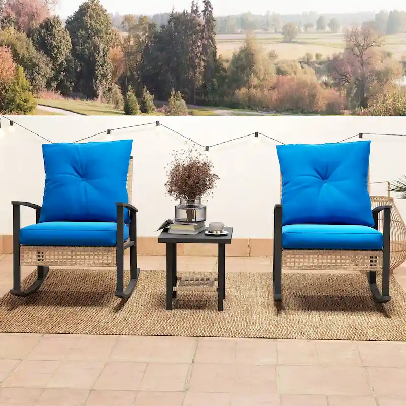 Outsunny 3 Piece Patio Bistro Set, Wicker Furniture Set with Button Tufted Cushions, Rattan Rocking Chairs and Coffee Table