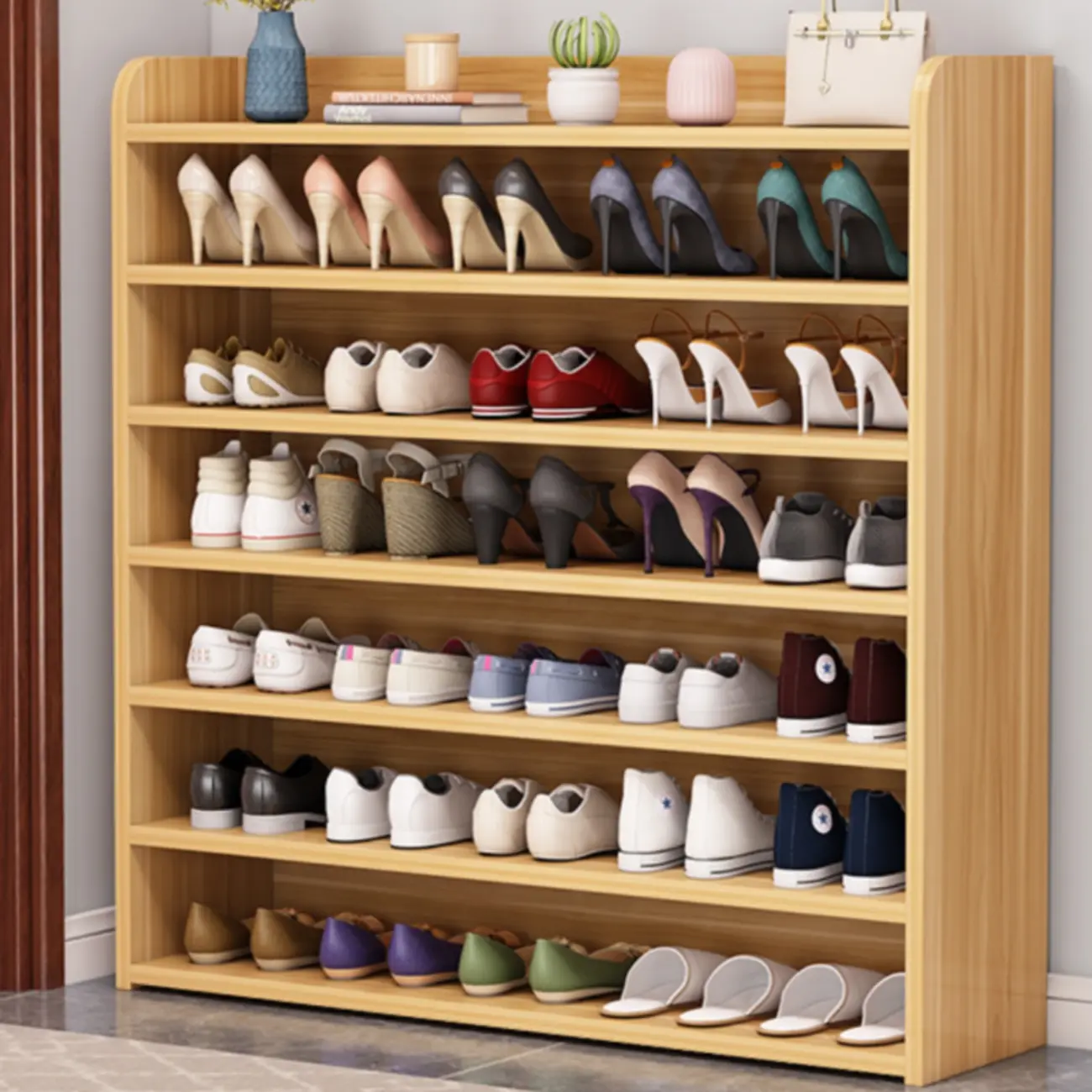 Vertical White Wooden Hallway 6-Tier Open Shoe Rack