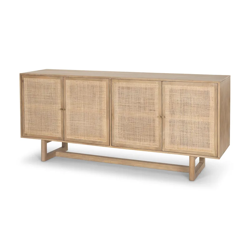Light Brown Solid Wood with Cane 4 Door Sideboard - 72.0L x 18.0W x 31.0H