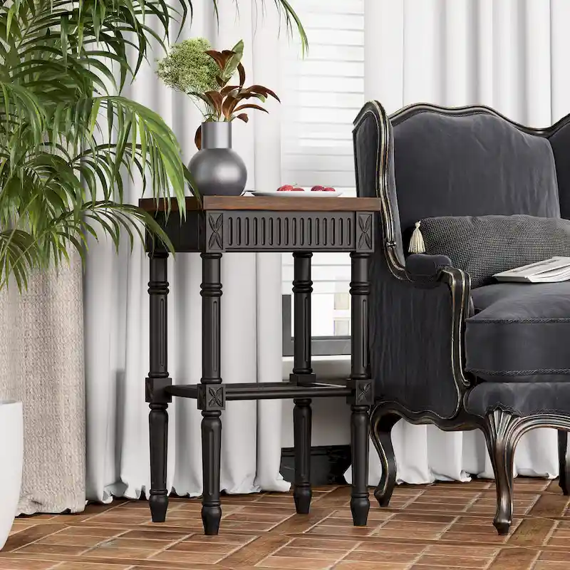 French Country Side Table, White/Black, Tray Top & Wicker Shelf, Distressed