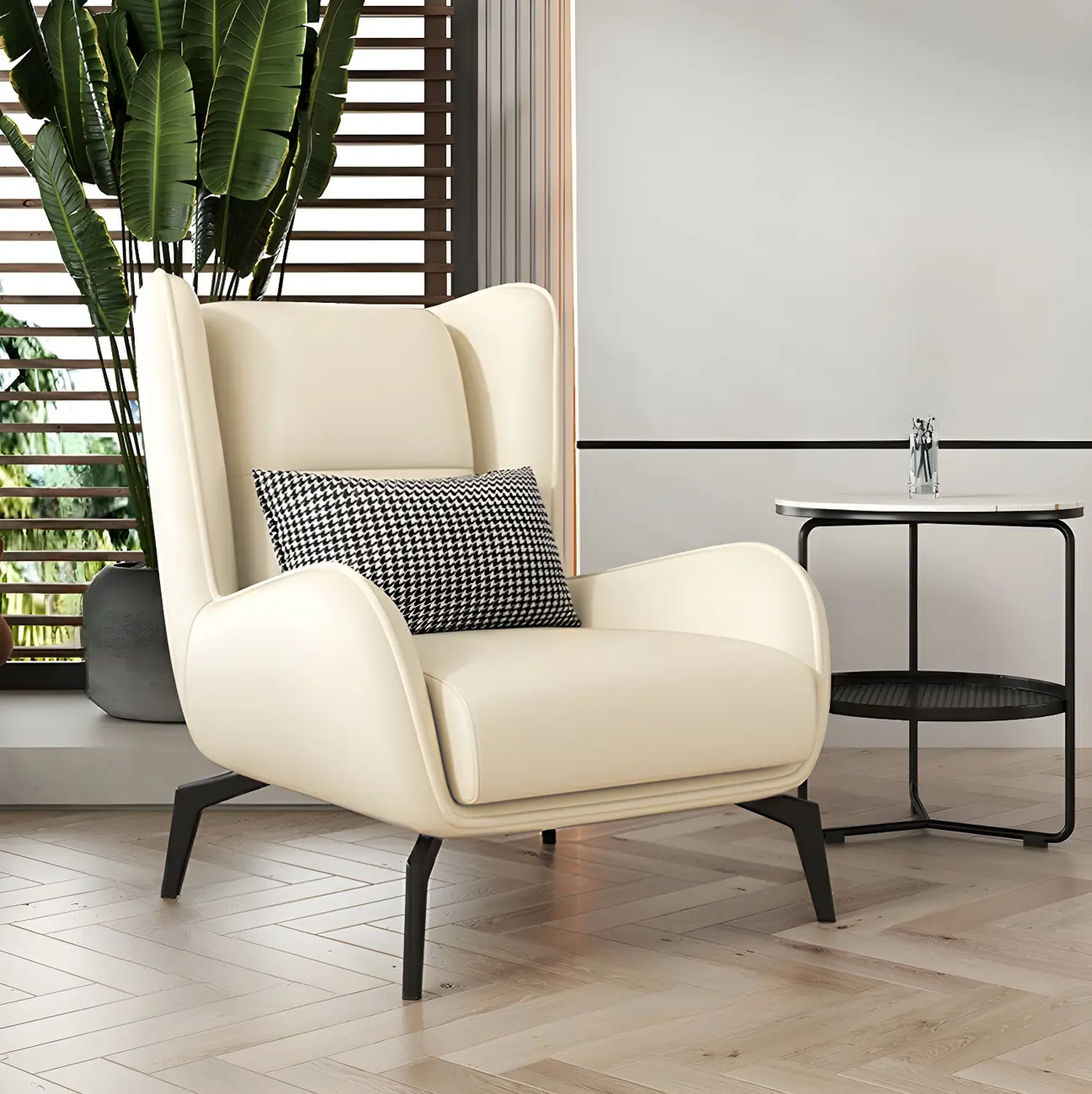 Modern Beige Leather Accent Chair with One Pillow