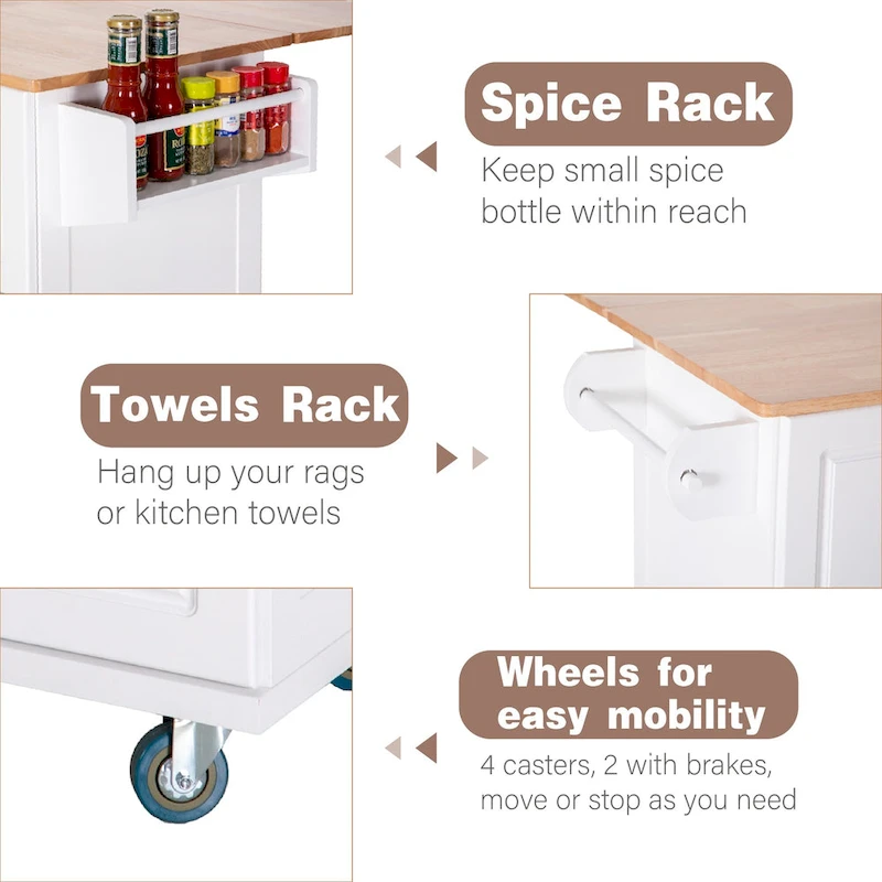 Kitchen Island Cart with Drop-Leaf and Rubber Wood Top, Rolling Kitchen Trolley Cart Cabinet