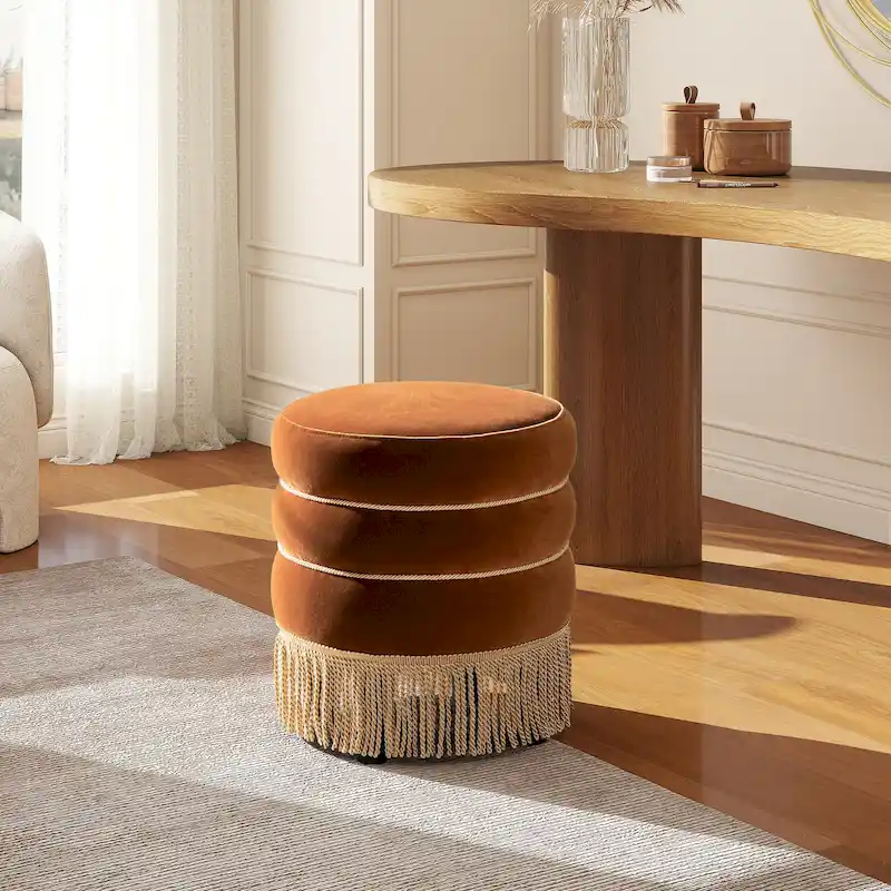 Edward 17.5 Round Upholstered Ottoman with Gold Bullion Fringe