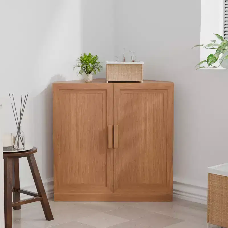 Corner Storage Cabinet with 2 Solid Wood Doors & Adjustable Shelves, Beige, 31