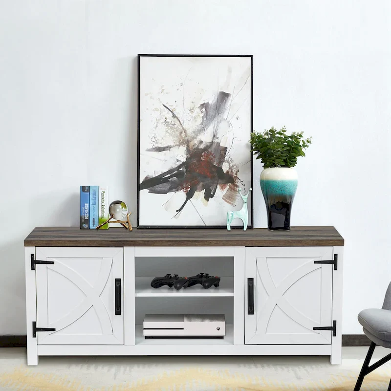 58-inch Farmhouse White Barn Door Media Console TV Stand for TVs up to 65