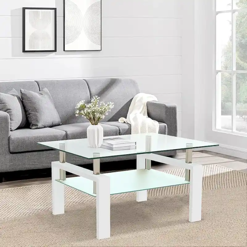 Rectangle Coffee Table Glass Tabletop with Lower Shelf