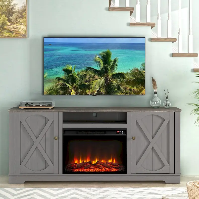 70 Farmhouse TV Stand with Fireplace, Fits up to 75 TV - 70W x 30H x 14.5D