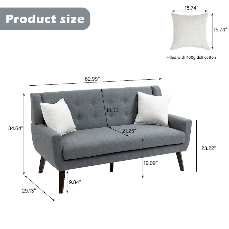 Modern Curved 63 Button Tufted Upholstered Loveseat with 2 Pillows