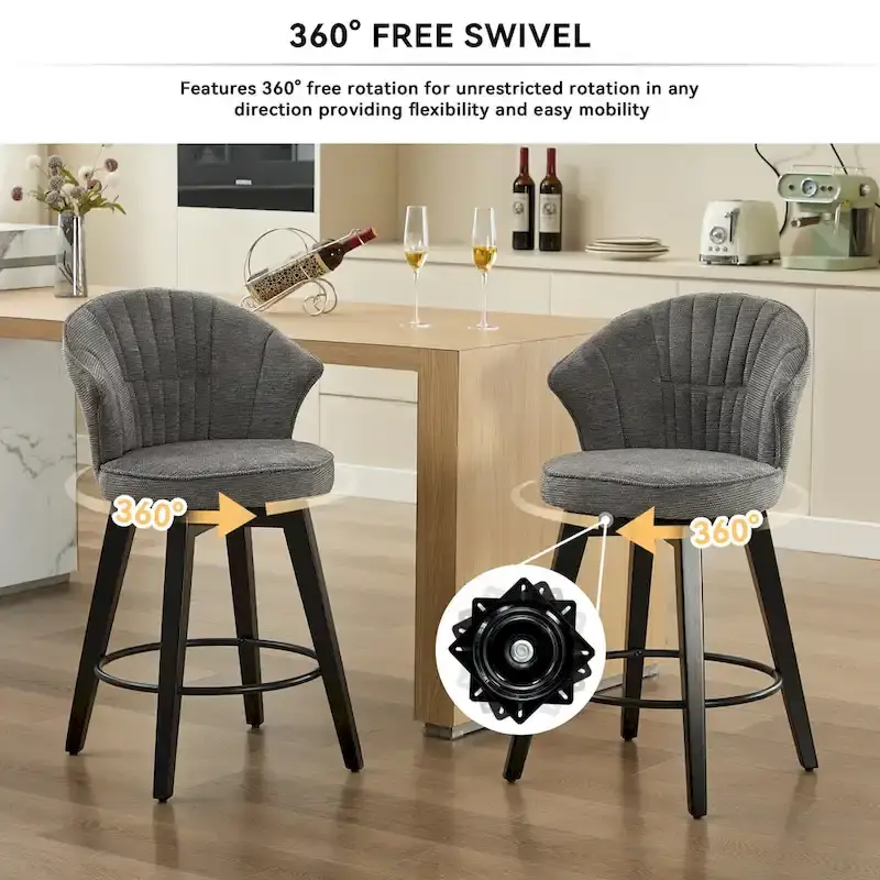 Swivel Bar Stools Set of 2, Upholstered Dining Room Chairs with Wide Backrest, Counter Height Chair with Metal Legs