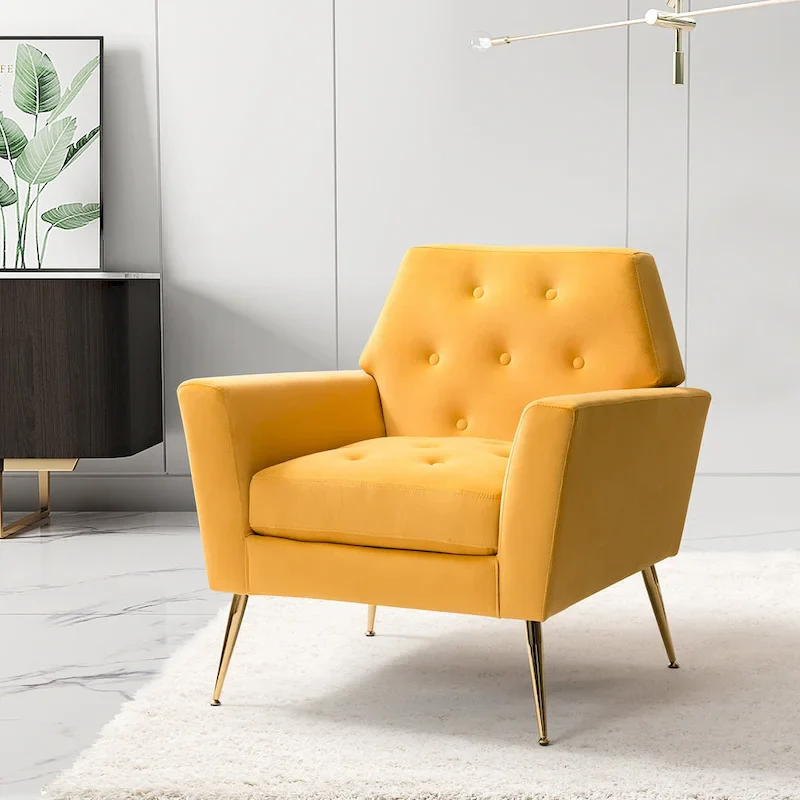 Lilia Contemporary Velvet Upholstered Tufted Back Armchair with Metal Golden legs by HULALA HOME