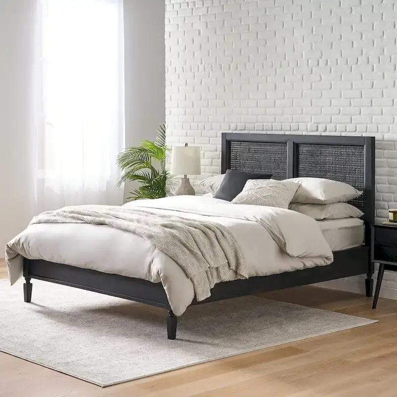Acacia Wood and Rattan Queen Bed, Bohemian Natural Material Platform Bed Frame