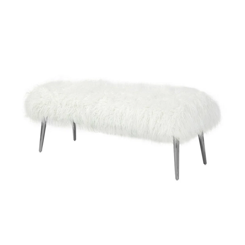 Ammy 45 Inch Bench with Foam Fill Seat, White Faux Fur, Silver Metal Legs