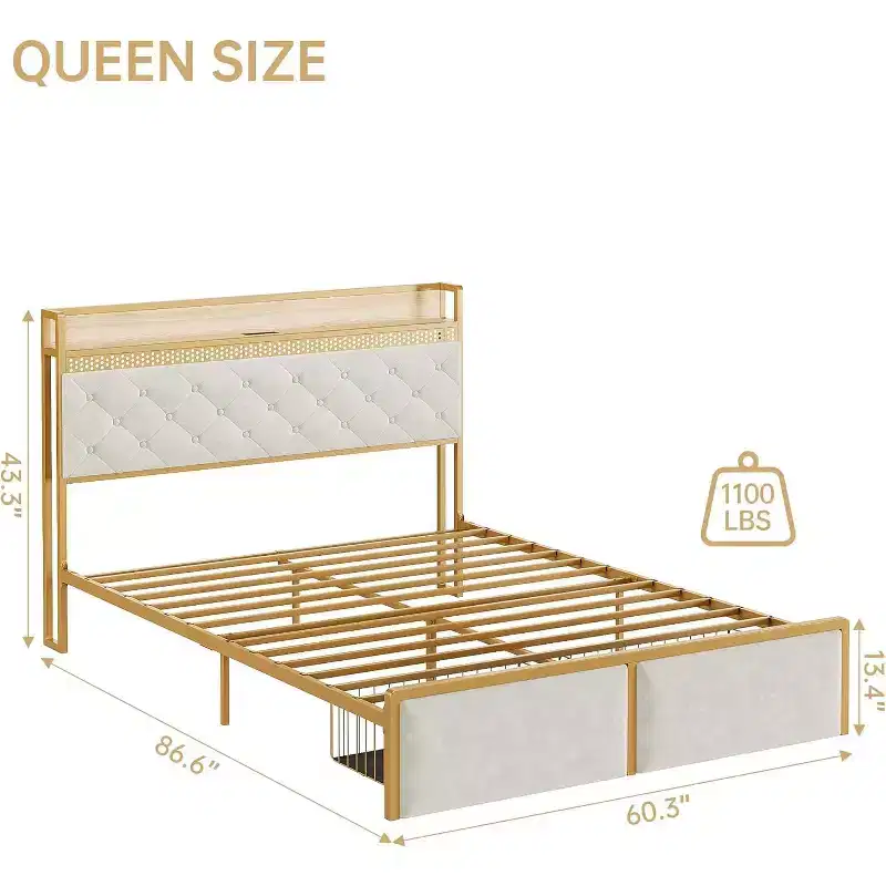 CuisinSmart Bed Frame with 2 Storage Drawers, LED Bed Frame with 2-Tier Storage HeadboardCharging Station, Metal Platform Bed Frame