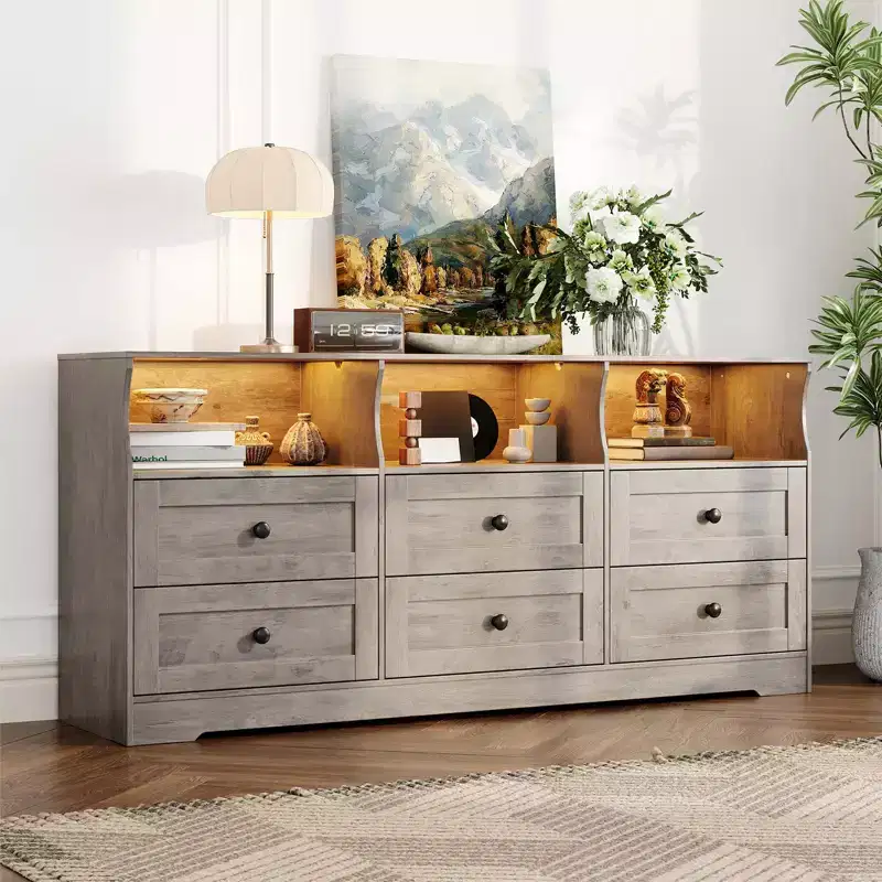6-Drawer Dresser with RGB Lights & Power Outlet, Black / Gray / White