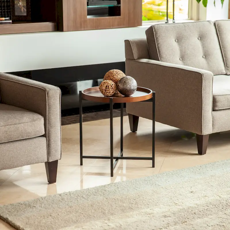 Mid-century Modern Round Side Table with Removable Wood Tray