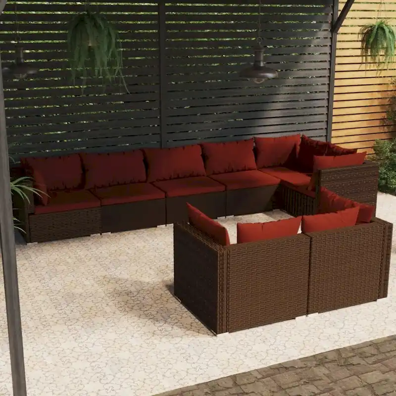 vidaXL Patio Lounge Set with Cushions Brown Poly Rattan - 27.6  x 27.6  x 24  - 27.6  x 27.6  x 24