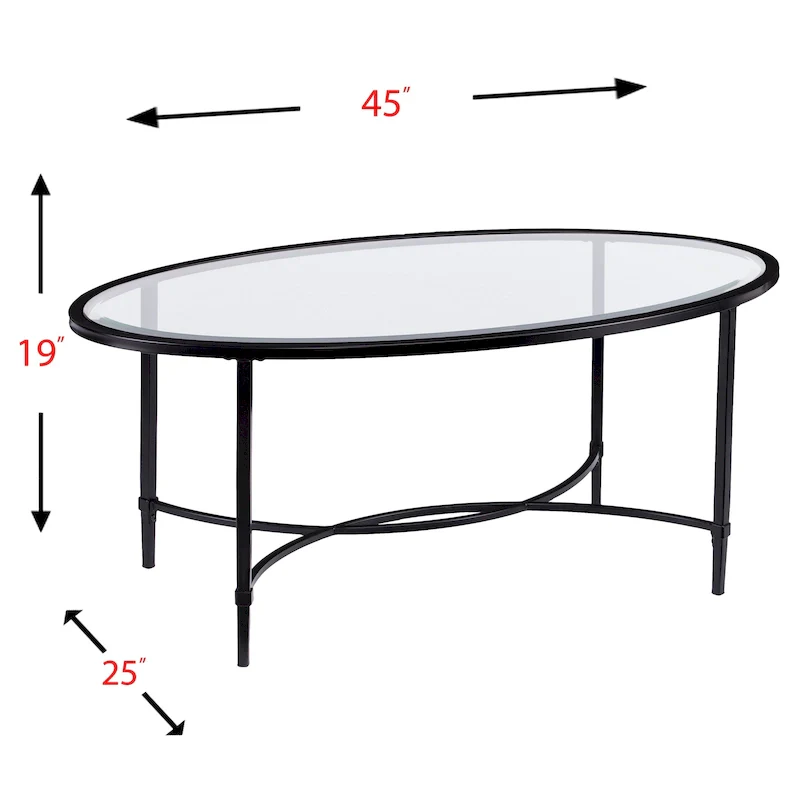 Matte Black Metal Oval Coffee Table with Glass Top
