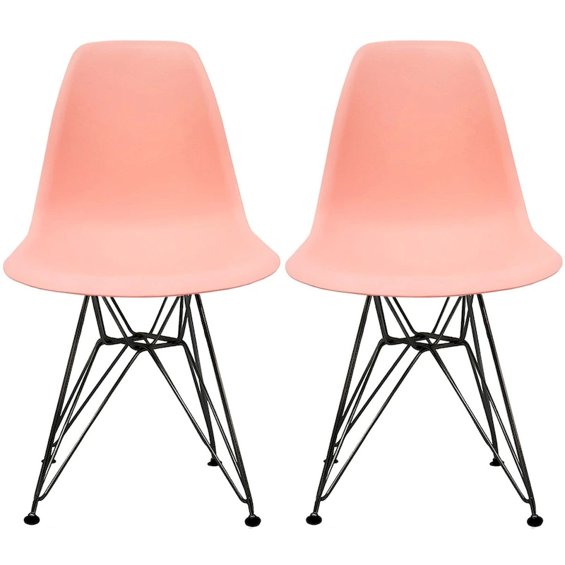 Set of 2 Mid-Century Modern Dining Side Chairs Armless Plastic Shell Seat with Black Metal Wire Eiffel Base, White