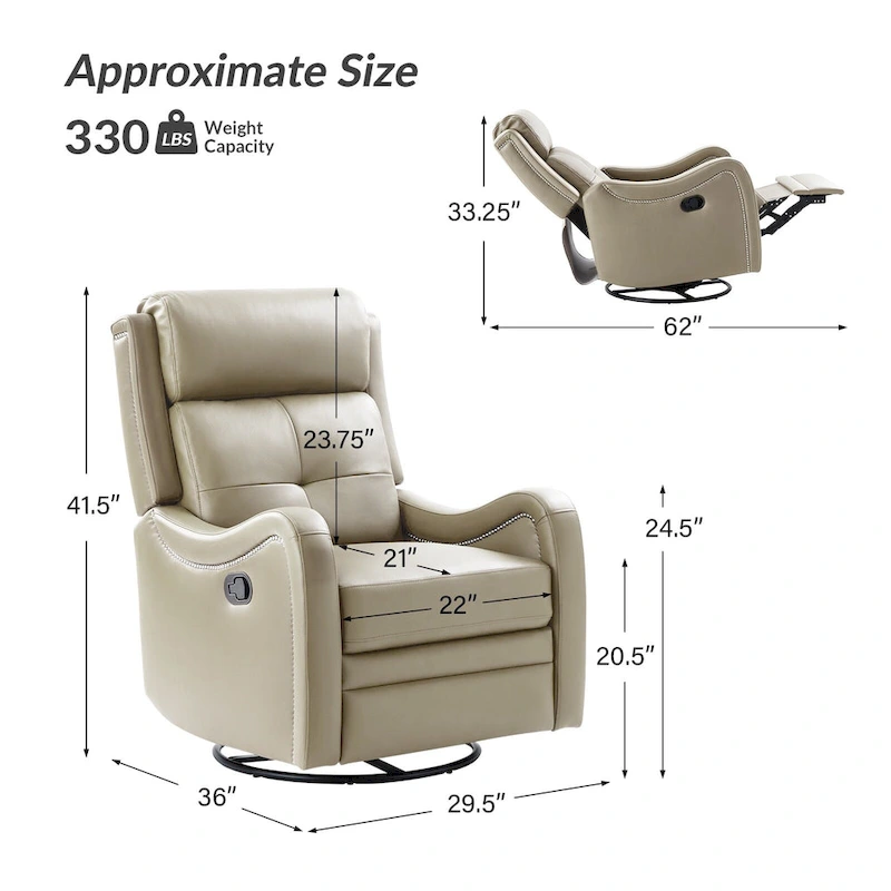FrancoModern Genuine Leather Swivel Rocker Recliner with Nailhead Trims by HULALA HOME