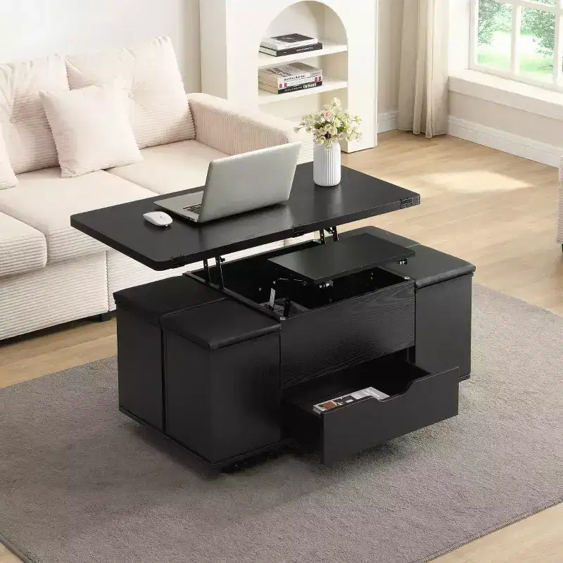 Lift-Top Coffee Table with Storage and 4 Stools — Black / Brown / Natural, Mobile, Seats 4