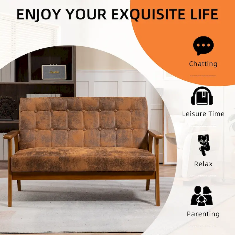 Mid-Century Linen/PU Upholstered Wood Frame Tufted Loveseat Sofa