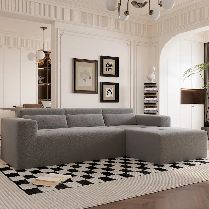 Christopher Knight Home - 109 Modern Modular Sectional Sofa, Teddy Fabric L-Shaped Couch with Chaise & Pillows