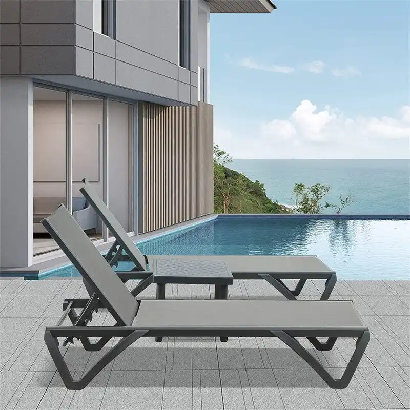 3Pcs Patio Aluminum Chaise Lounge with Side Table and 5 Adjustable Position