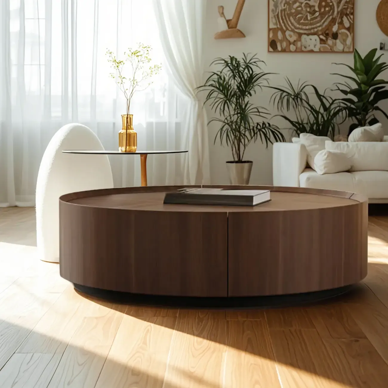 Brown Nesting Tray Wooden Round Coffee Table with 2 Drawers