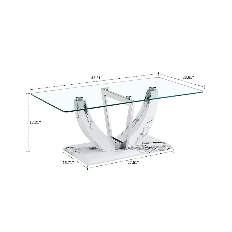 Modern Stylish Rectangular Coffee Table with Glass Top and Wooden Base