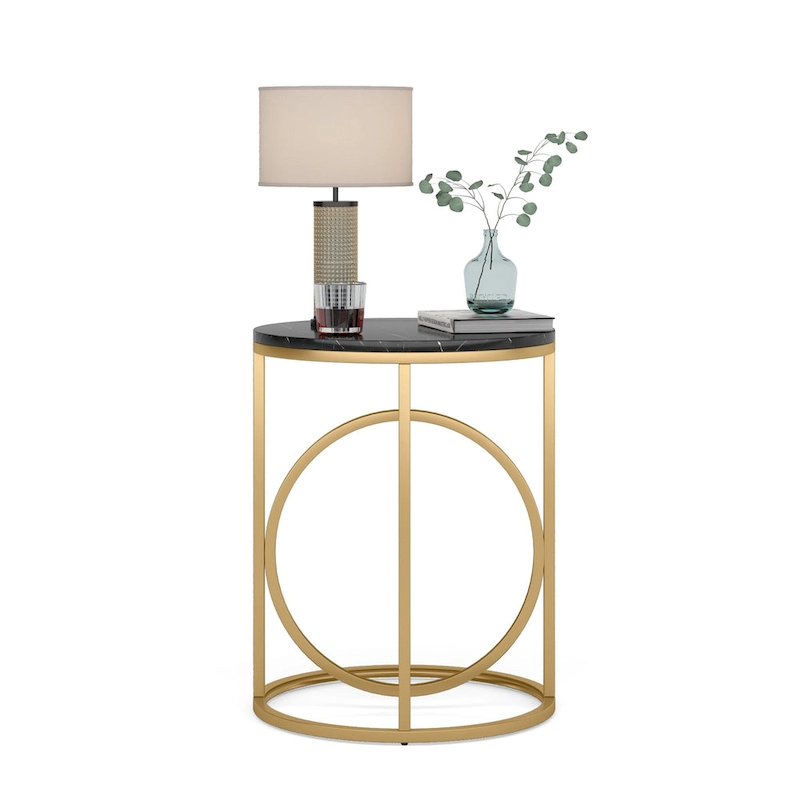 20 in. Marble White Round Wood End Table with Gold O-shaped Base