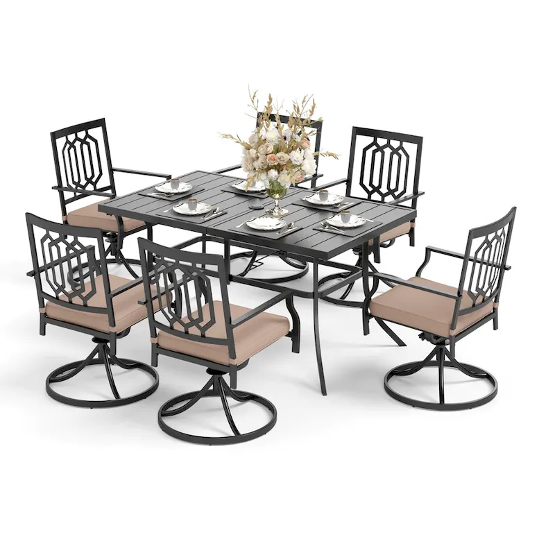 MAISON ARTS 7 Pieces Patio Dining Set, 6 x Swivel Dining Chairs with Cushion and 1 Metal Table with 2.6  Umbrella Hole