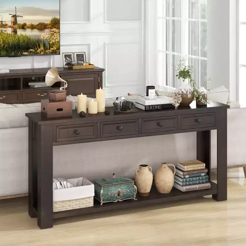 Costway 63 Farmhouse Entryway Table with 4 Storage Drawers and Open Shelf Espresso