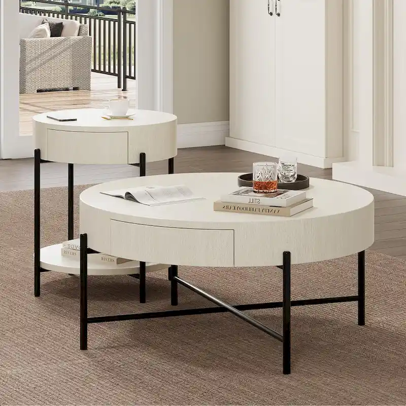 Round Coffee Table with with Two Drawers - Natural