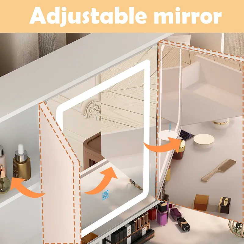 Spacious Vanity Desk with Mirrored Storage Cabinets - A Beauty Oasis