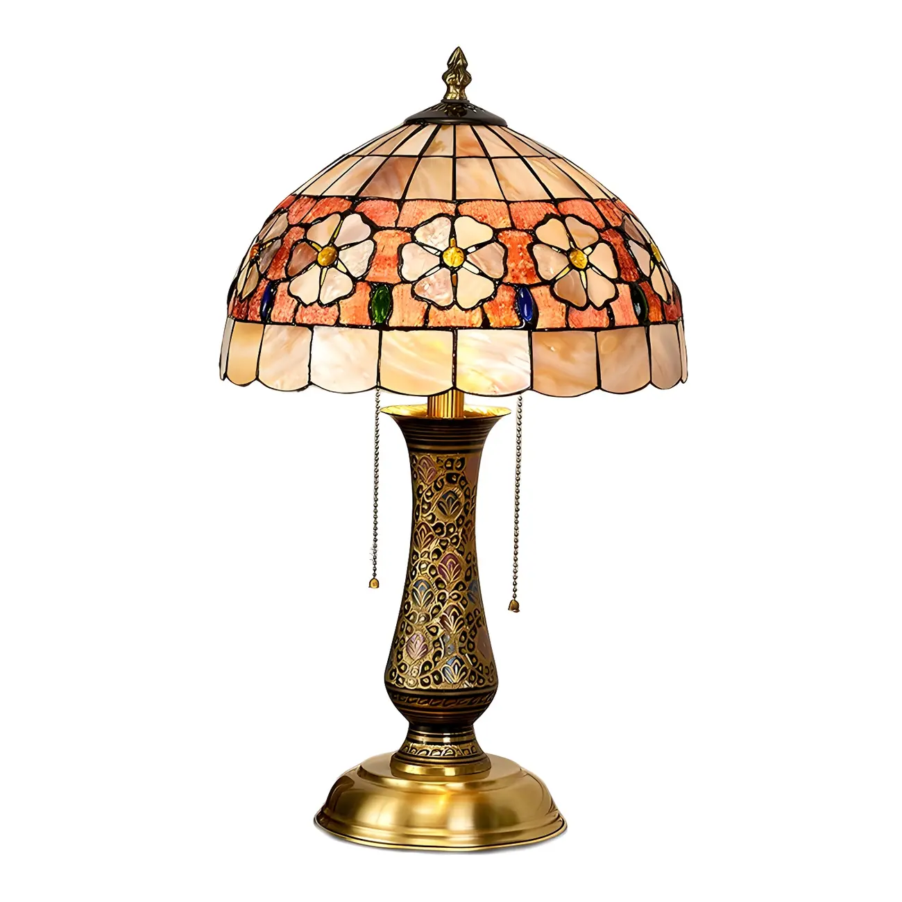 Antique Brass 2-Light Stained Glass Dome-Shape Table Lamp