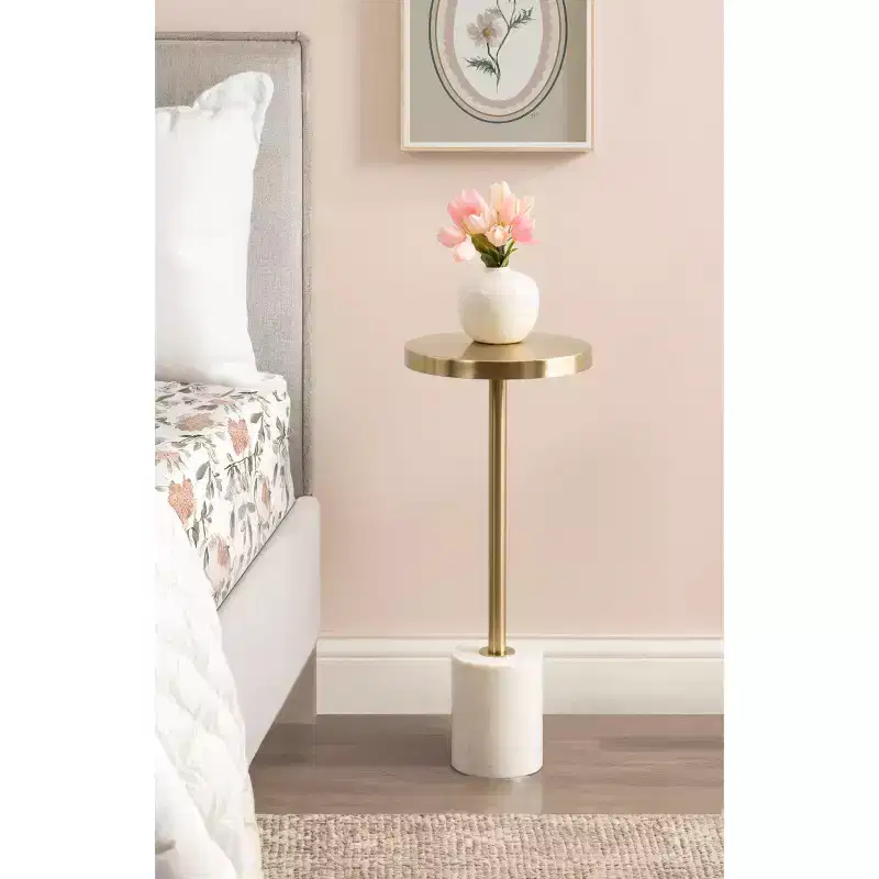Kate and Laurel Hescott Metal and Marble Pedestal Table, White, 10x10x24
