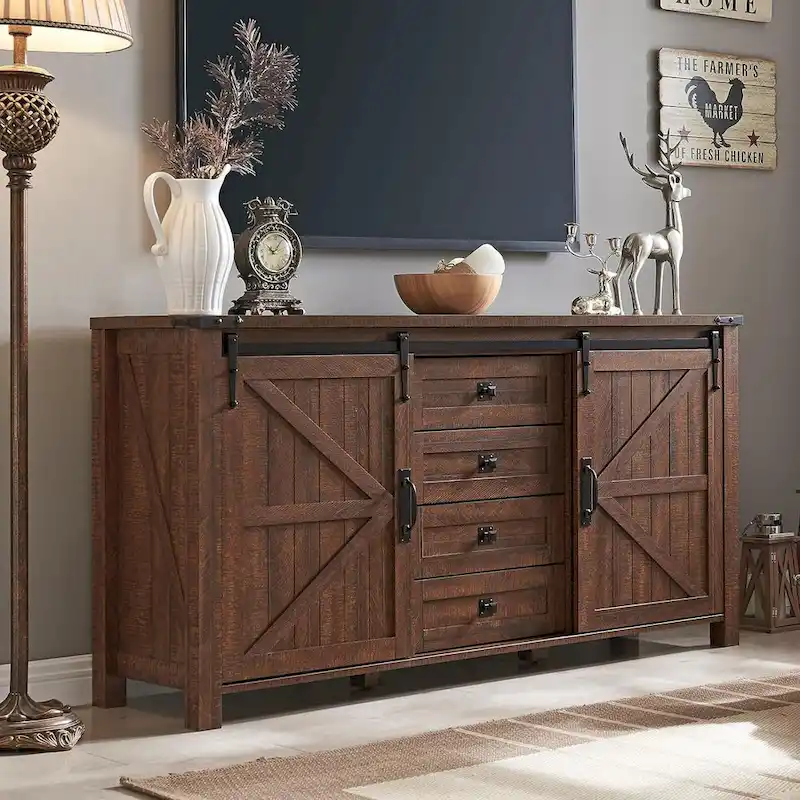 Farmhouse Dresser with 4 Drawers & 2 Sliding Cabinets, Dark Rustic Oak/Antique White/Barnwood