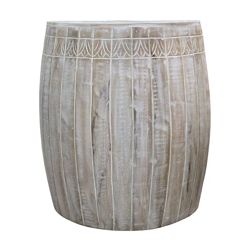 Side End Table with 16 Inch Round Top, In Antique White Mango Wood