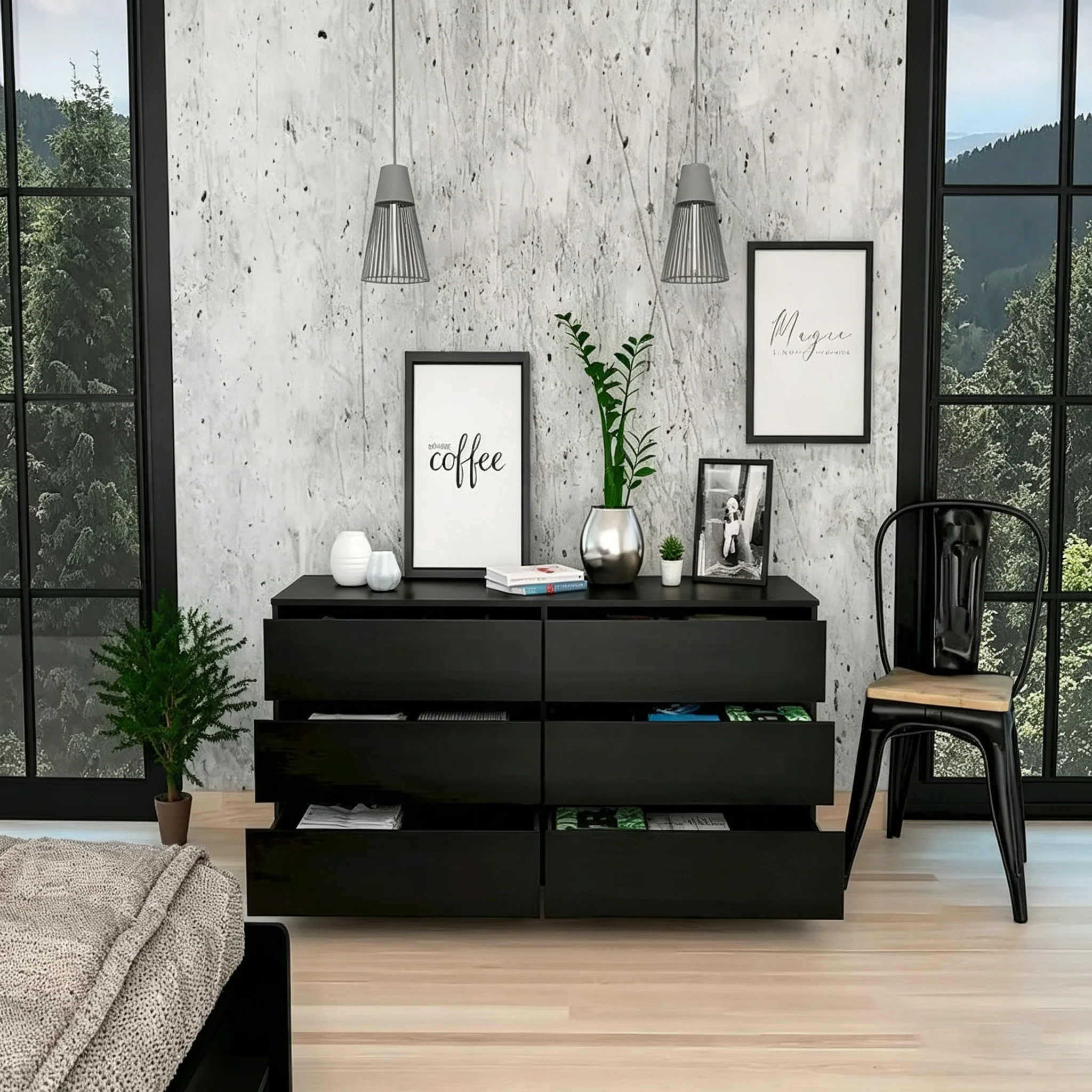 6-Drawer Dresser, Black/White/Light Gray/Light Oak, Metal Rails, Modern