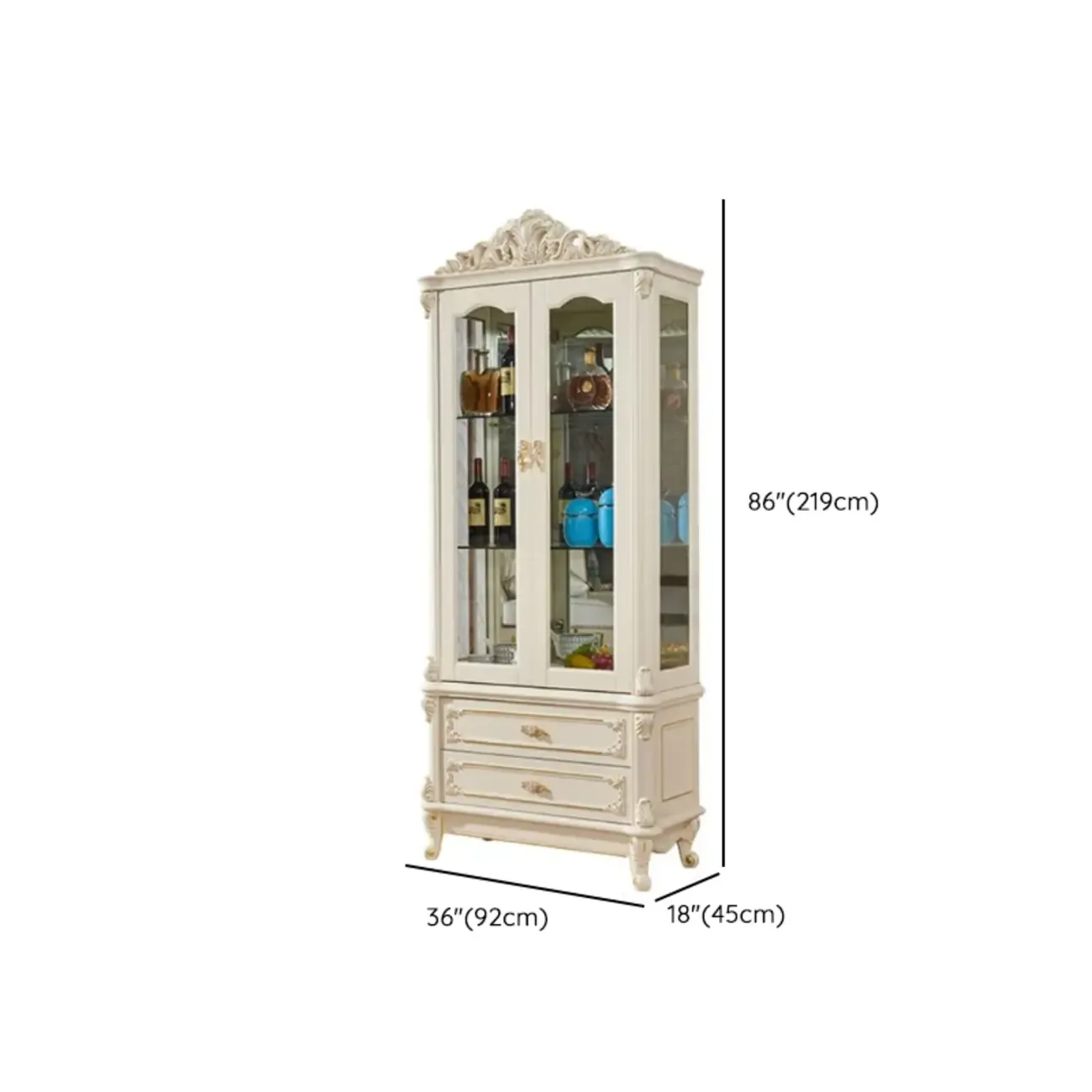 Glam White Wooden Glass Curio Cabinet with Drawers