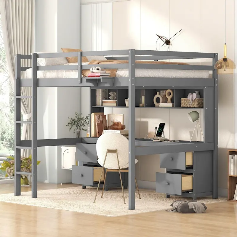 Full Size Wood Loft Bed with Integrated Desk, Storage Cabinets, Drawers, Bedside Tray, and Charging Station