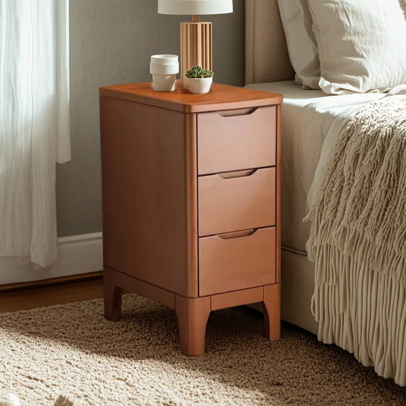 Natural Wooden Narrow Corner Bedside Table with 3 Drawers