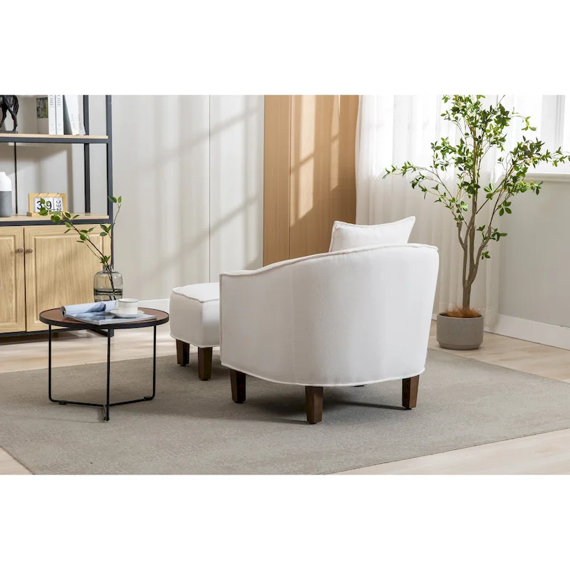 Mid-Century Upholstered Barrel Accent Round Arm Chair with Ottoman