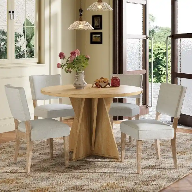 5-piece Outdoor Wooden Round Dining Set with 4 Upholstered Chairs