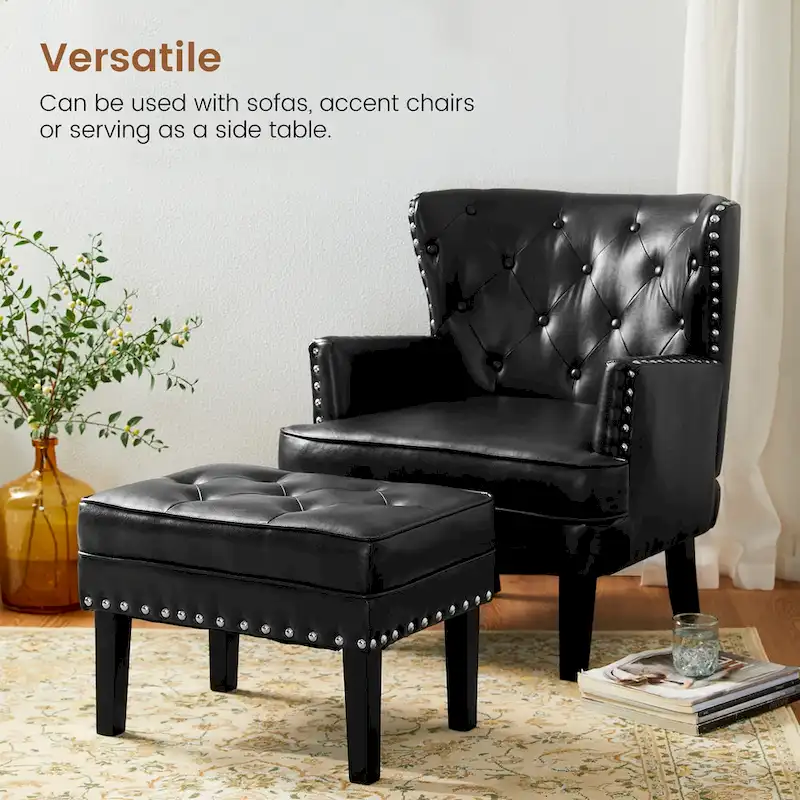 Glitzhome Set of 2 22W Leatherette Button-tufted Foot Stools Ottomans
