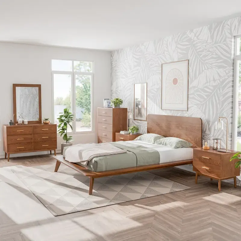 Beau Midcentury 6-Piece Walnut Low Profile Queen Bedroom Set