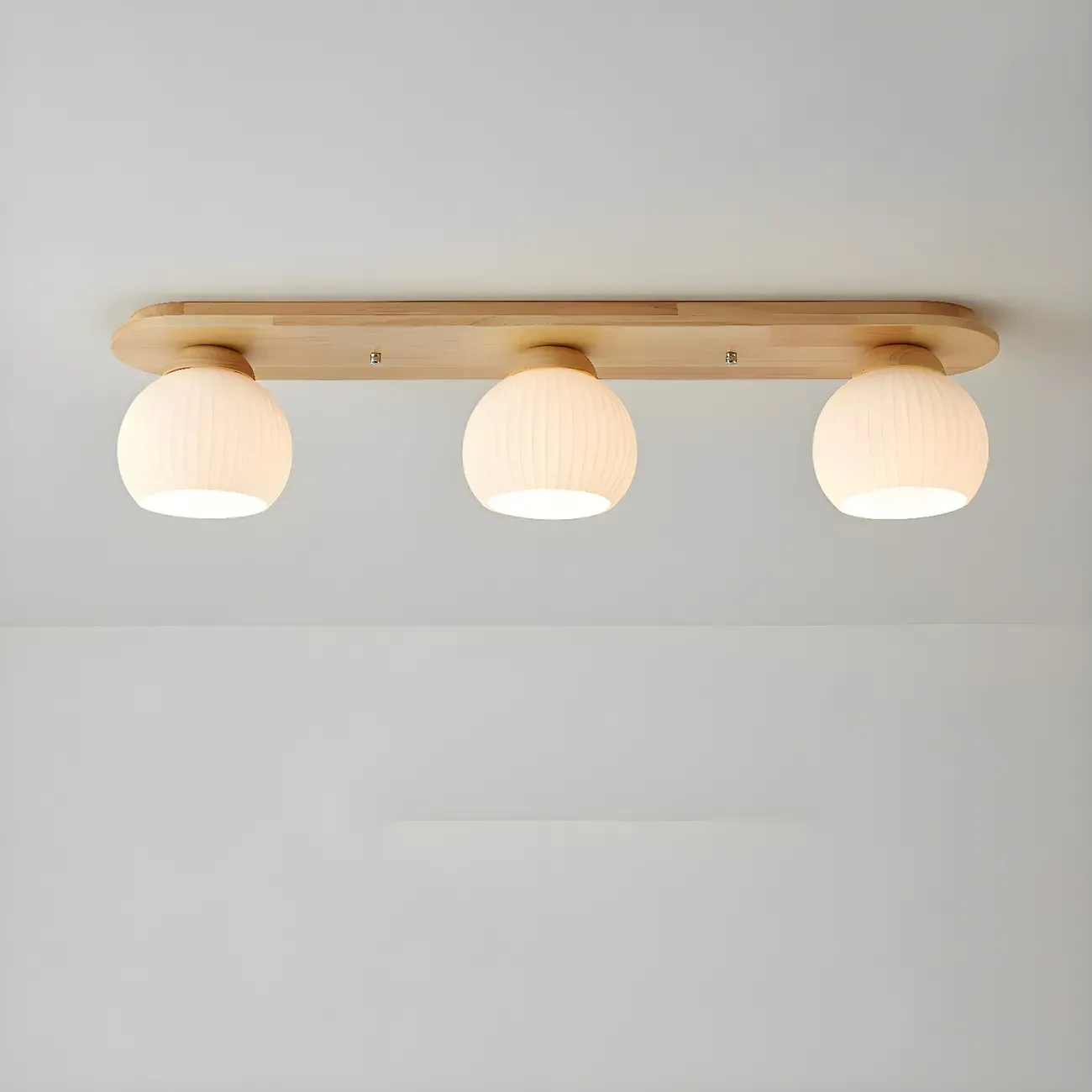 White Globe Glass Natural Wood Flush Mount Ceiling Light