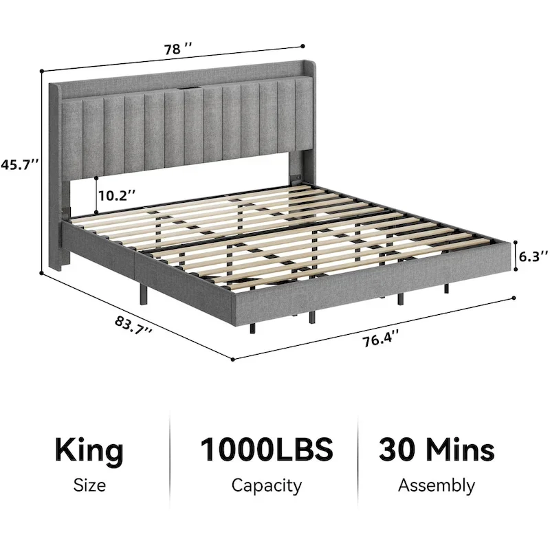 Modern Upholstered Floating Bed Frame with LED Lights