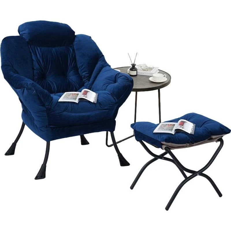 Modern Cotton Thick Padded Lazy Chair With Folding Ottoman