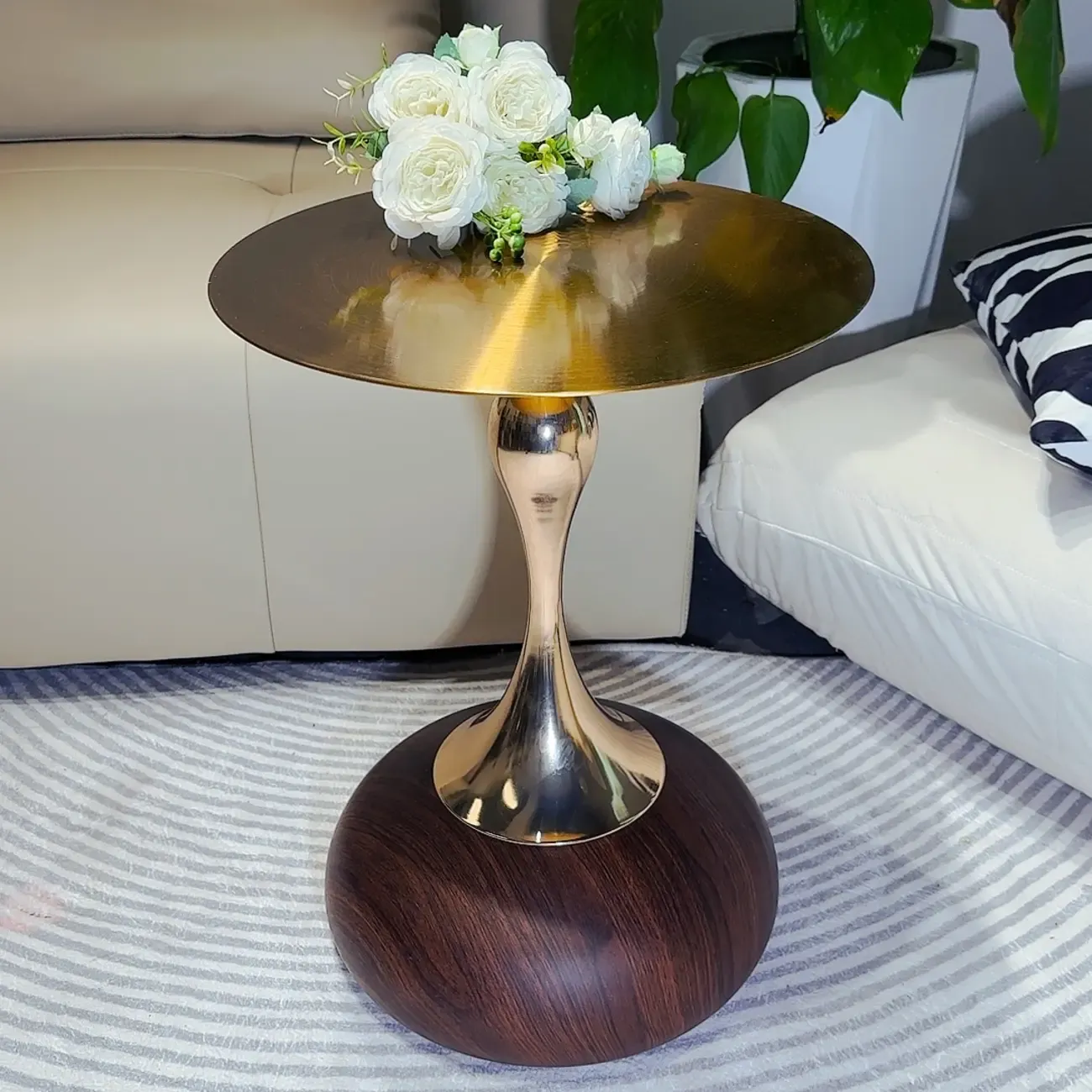 Walnut Steel Round End Table with Abstract Base